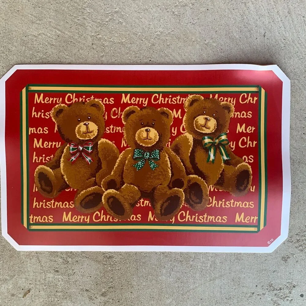 VTG Town & Country Christmas Vinyl Placemats Santa Bears 11.5”x17.5” Set Of 4